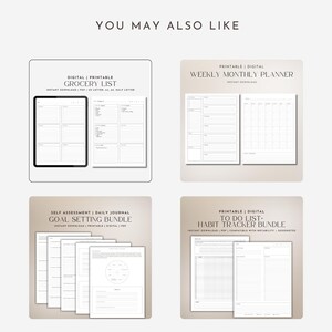 May include: A collection of digital printable planners and bundles. Includes a grocery list, weekly monthly planner, goal setting bundle, and a habit tracker bundle. Each item is labeled with its title and "instant download" text.