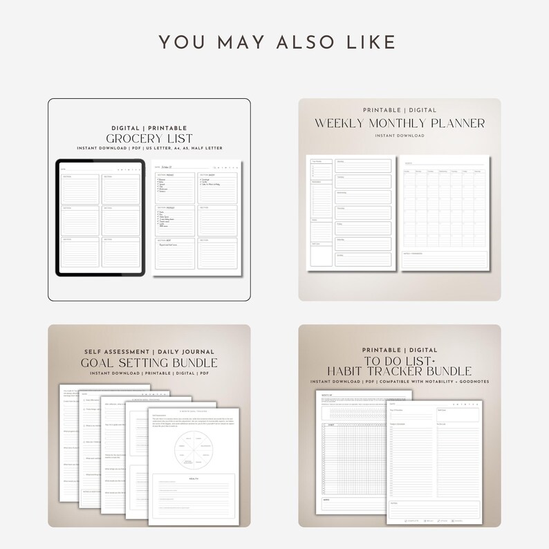May include: A collection of digital printable planners and bundles. Includes a grocery list, weekly monthly planner, goal setting bundle, and a habit tracker bundle. Each item is labeled with its title and "instant download" text.