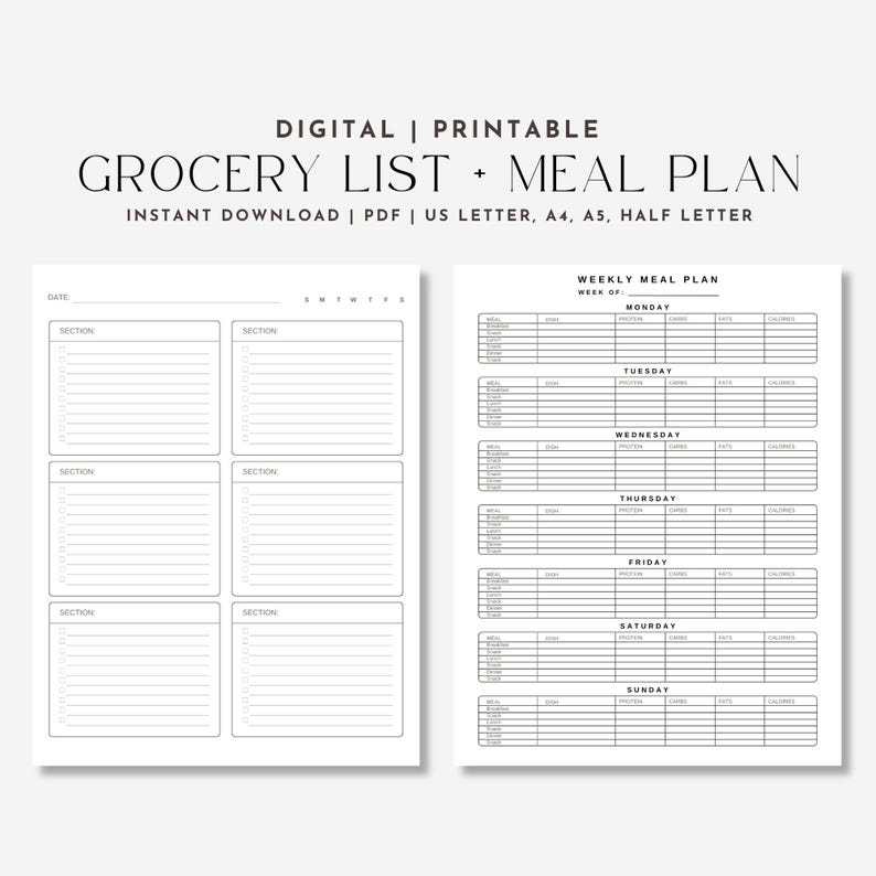 Printable Grocery List Weekly Meal Plan Template for Healthy Eating ...