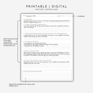 These Morning Journal Prompts have a Daily Affirmation, Gratitude List and Prompts for Goal Setting. These guided journal prompts for mindful mornings have extra space for your additional reflections and thoughts. These quick journal prompts are shown filled in.