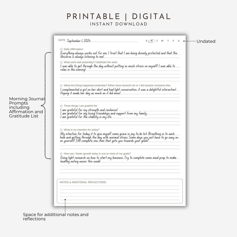 These Morning Journal Prompts have a Daily Affirmation, Gratitude List and Prompts for Goal Setting. These guided journal prompts for mindful mornings have extra space for your additional reflections and thoughts. These quick journal prompts are shown filled in.