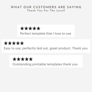 May include: A white background with text that reads "WHAT OUR CUSTOMERS ARE SAYING" and "Thank You For The Love!!". Below are customer reviews with five-star ratings, praising the templates for being easy to use and perfect.