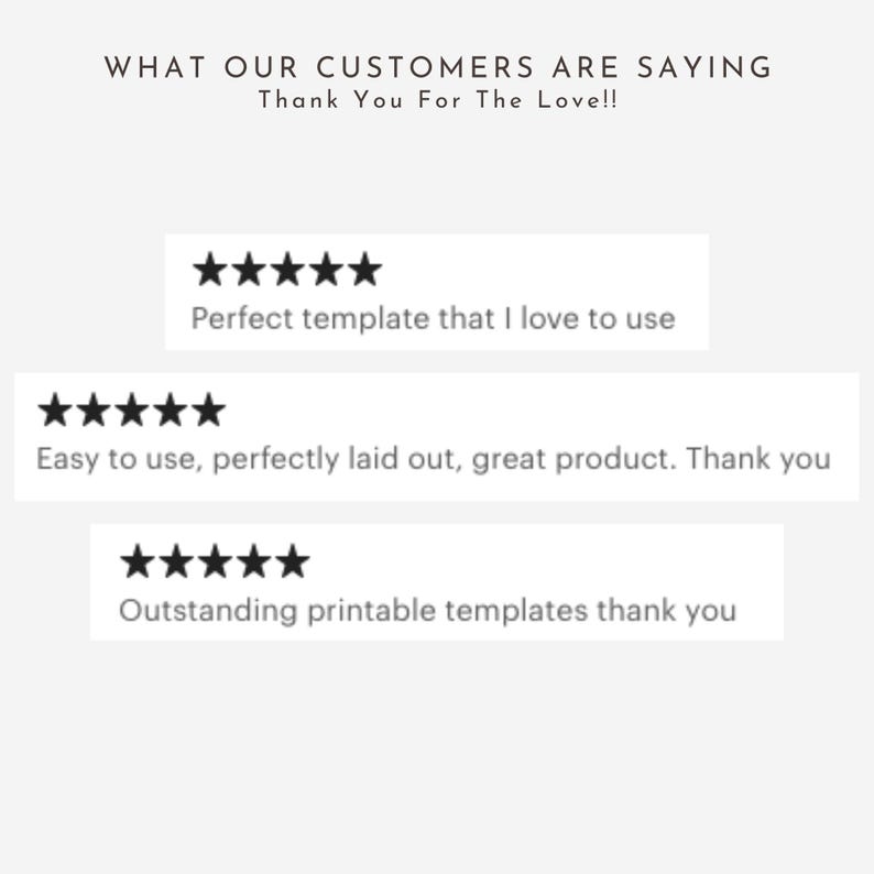 May include: A white background with text that reads "WHAT OUR CUSTOMERS ARE SAYING" and "Thank You For The Love!!". Below are customer reviews with five-star ratings, praising the templates for being easy to use and perfect.