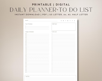Minimalist To Do List and Daily Planner Printable Undated Productivity Task Tracker Schedule Template Self Care Reminder Daily Top Priority