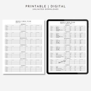 Weekly meal plan printable template is shown both digitally and print version. Easy to use printable pdf