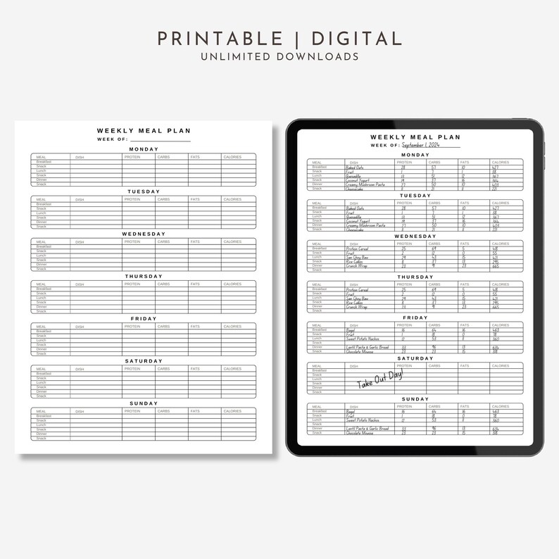 Weekly meal plan printable template is shown both digitally and print version. Easy to use printable pdf