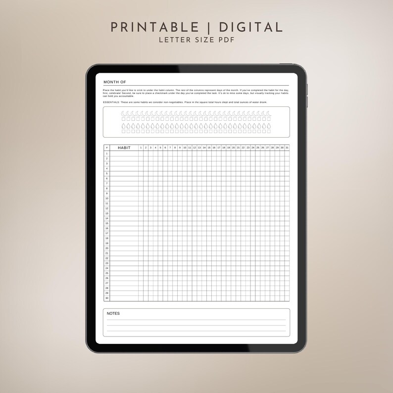 Digital Fillable Habit Tracker PDF for ipad and note taking apps. Monthly habit tracking