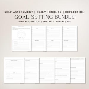 May include: A printable goal setting bundle with a black and white design. The bundle includes a self-assessment wheel, daily journal pages, and reflection pages. The text on the page reads "Self Assessment | Daily Journal | Reflection Goal Setting Bundle Instant Download | Printable | Digital | PDF".