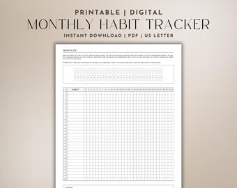 May include: Printable monthly habit tracker in black and white. The tracker has a section for the month, a list of habits, and a grid to track progress. There is also a notes section at the bottom.