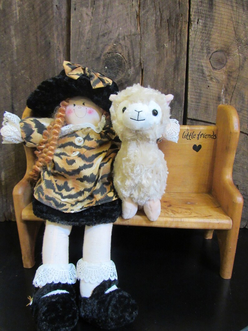 Whimsical Doll Toy Stuffed Llama Wooden Bench Friendship image 0