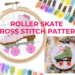 May include: A cross-stitch pattern featuring a pixelated roller skate design in pink, brown, and gray, set within a wooden embroidery hoop. The text "ROLLER SKATE CROSS STITCH PATTERN" is displayed above the design. Colorful embroidery floss is also visible.