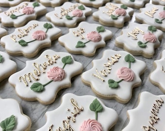 Personalized Floral Name Cookies | Custom Wedding Place Cards | Shortbread Cookies with Royal Icing | Bridal Shower Favors