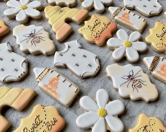 Süß wie Biene verzierte Shortbread-Plätzchen mit königlicher Glasur | Babyparty Kekse | Geschlecht offenbaren Gefälligkeiten | Bienen Themen Baby Leckereien