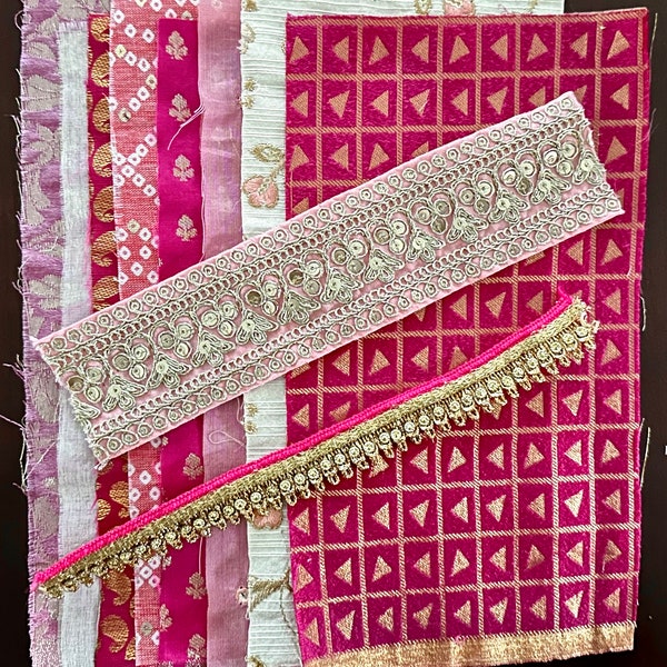 Pink and Gold Fabric Scraps Indian, Indian Fabric Remnants, 10 Piece Set, Junk Journal Boho Fabrics and Trims, Craft Material