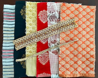 Fabric Scraps, Fabric Remnants, Decorative Trims/Borders Remnants, Vibrant Colors, Craft Material, Indian Fabric and Trims