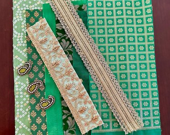 Green and Gold Fabric Scraps, Indian Fabric Remnants, Trims/Borders Remnants, Craft Material, Decorative Fabric Scraps and Trims