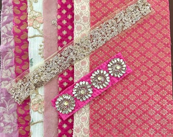 Pink and Gold Fabric Scraps Indian, Indian Fabric Remnants, 9 Piece Set, Junk Journal Boho Fabrics and Trims, Craft Material