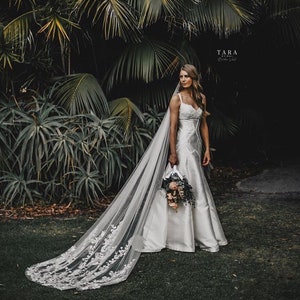 ERIKA | TA.V019 | Floral Chapel Wedding Veil/ Custom veil/ Chapel Lace Wedding Veil/ Floral Chapel veil/ Flower Chapel veil