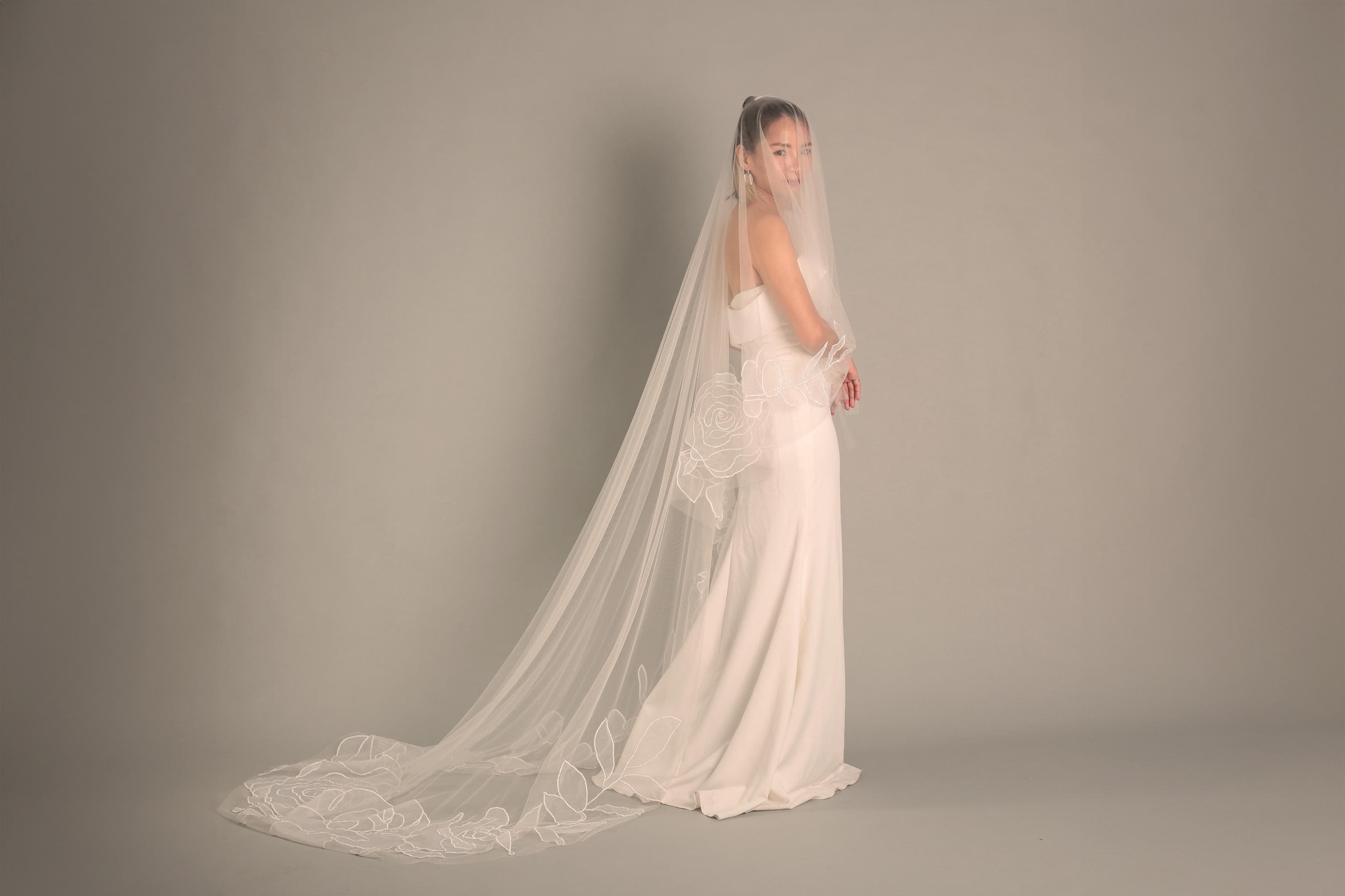 ROSIE| Drop chapel organza floral veil/ Custom veil/ Chapel wedding veil/ Floral veil embroidered/ Embroidered veil/ Flower veil/ Schleier