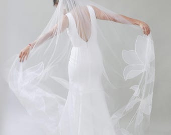 KAITIE | Chapel organza embroidery floral veil/ Custom veil/ Chapel wedding veil/ Wedding veil/ Floral veil embroidered/ floral veil