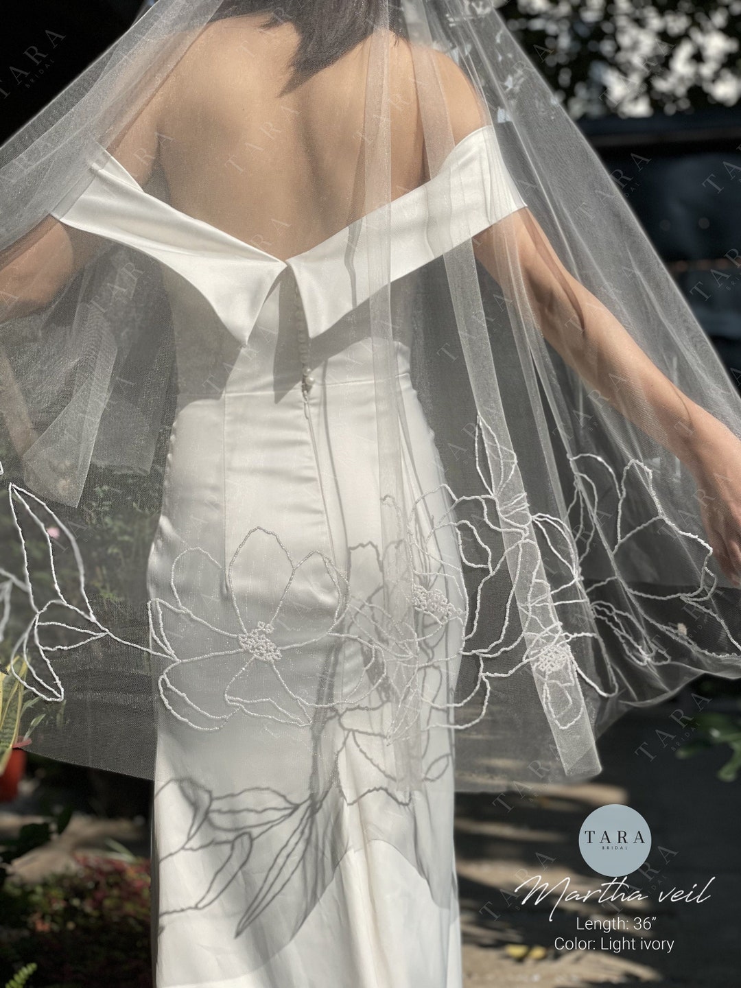 MARTHA Elbow Floral Veil/ Custom Veil/ Beaded Floral Wedding Veil/ Drop ...
