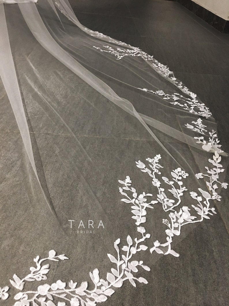 JOE TA.V.007Custom Floral VeilLace wedding veilOne Tier Flower VeilRoyal Cathedral Wedding Veil Cathedral Wedding Veil