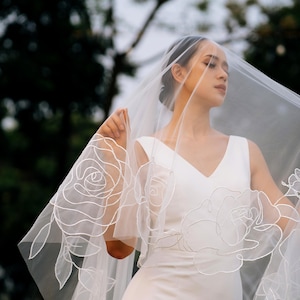 CHARLOTTE | Drop chapel organza floral veil/ Custom veil/ Chapel wedding veil/ Floral veil embroidered/ Flower veil/ Schleier/ TA.V134
