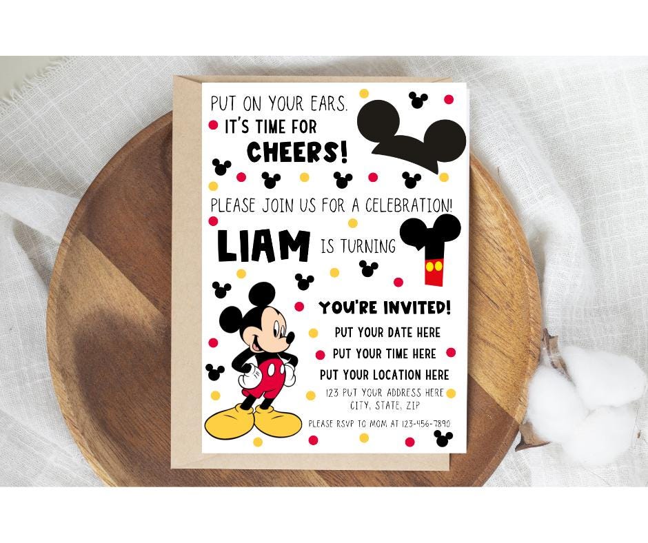 Mickey Mouse 1st Birthday Invitation - Editable Canva Template ...