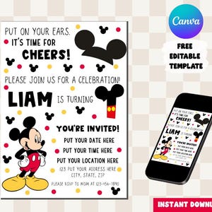 Mickey Mouse 1st Birthday Invitation - Editable Canva Template | Digital Download | First Birthday Party Invite