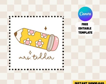 Lápis retrô personalizado para professor PNG | Modelo editável do Canva | Nome personalizado para professor | Download digital | Volta às aulas