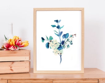 Watercolor Wall Art for Living Room Floral Painting Flower Leaves Entryway Wall Decor Simple Botanical Art Print Blue Green