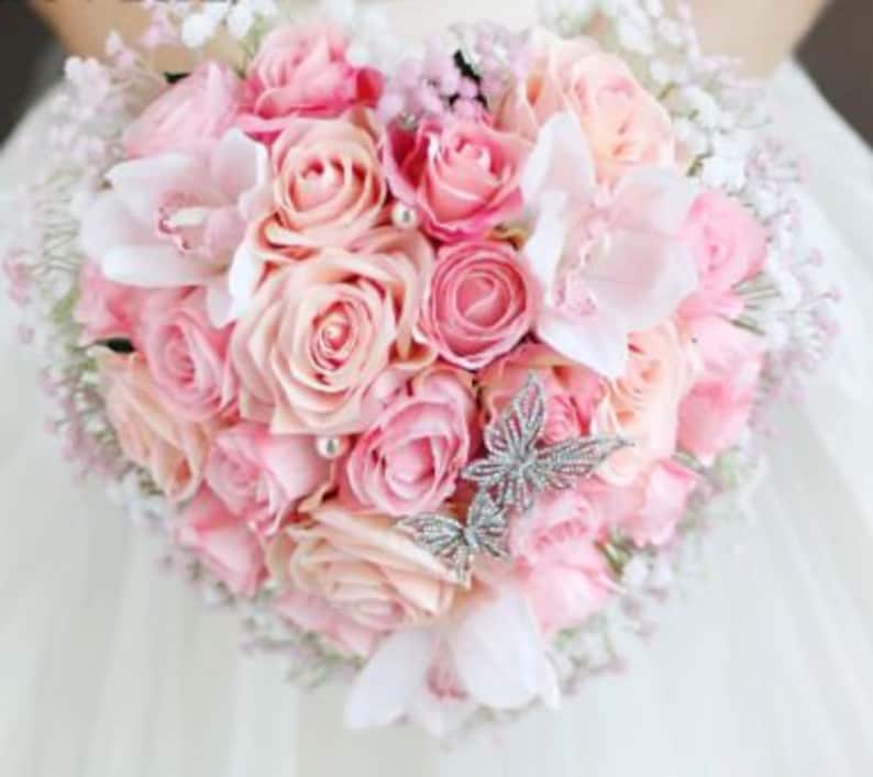 Bouquets Weddings Bridal Bouquet Silk Bouquet Silk Flowers Wedding Flowers Artificial Faux Heart Shaped Rose Bridal Wedding Bouquets Bride