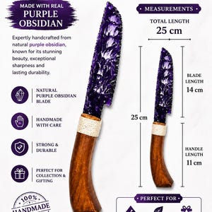 Puede incluir: Cuchillo artesanal de obsidiana púrpura, longitud total 25 cm. La hoja mide 14 cm y el mango 11 cm. Hecho de obsidiana púrpura natural, con mango marrón.