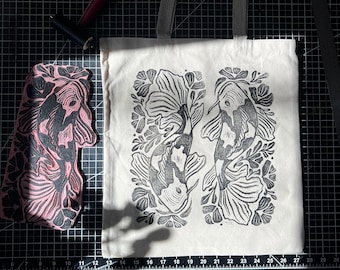 Block Printed Koi Fish Tote | Canvas Tote