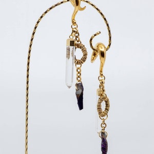 Raw Magenta Crystal, Gold Wrapped Ring and Quartz Dangle Hangers. Gold Chain with Spiral Hooks. Ear Weights, Earrings, Dangles