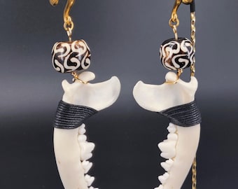 Coyote jaw bone, Batik Bone Bead ear weights, with SS spiral hooks. *Real humanely collected bones* One of a kind. Hangers Body mods