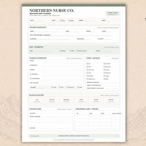 Könnte beinhalten: Ein weißes medizinisches Schichtplaner-Blatt mit dem Titel Northern Nurse Co. Med-Surg Shift Planner. Es enthält Abschnitte für Patientendaten, Ernährung, Diabetes, klinische Daten, Geräte, Blutzucker, Wundversorgung und Laborwerte.