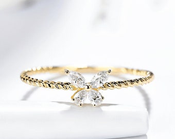 14K Real Gold Butterfly Diamond Ring, Marquise Cut Diamond Gold Butterfly Ring, Beautiful Marquise Diamonds, Simple Twist Rope Band