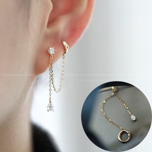 Double Lobe Helix Ear Hoop, Cartilage Chain Earrings, 9K Gold Single solitaire Cz Diamond Water Drop Chain Stud Earrings, Two Ears Piercing