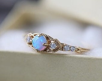 14K Solid Gold Antique Opal Diamond Ring, Vintage Rainbow Opal Engagement Rings, Edwardian Opal Promise Ring, Art Deco Anniversary Ring