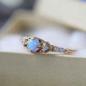 14K Solid Gold Antique Opal Diamond Ring, Vintage Rainbow Opal Engagement Rings, Edwardian Opal Promise Ring, Art Deco Anniversary Ring