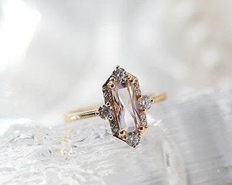 14ct Real Gold Natural Ametrine Engagement Ring, Elongated Emerald Cut Gemstone Promise Ring, Edwardian Moissanite Diamond Anniversary Ring