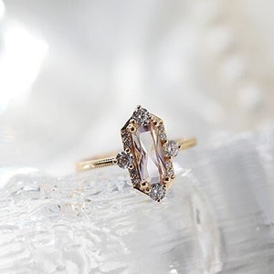 14ct Real Gold Natural Ametrine Engagement Ring, Elongated Emerald Cut Gemstone Promise Ring, Edwardian Moissanite Diamond Anniversary Ring