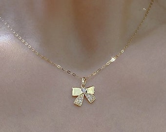 14K Solid Gold Ribbon Pendant, Cz Diamond Bow Pendant, Cute Pendant Girlfriend, Kawaii Pendant Layered Necklace, Dainty Neck Chain Choker