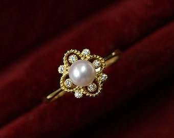 Vintage French Lace Natural Freshwater Pearl Ring, 14K Real Gold Ring, Classic Four Leaf Clover Clutch Moissanite Diamond Ring, Promise Ring