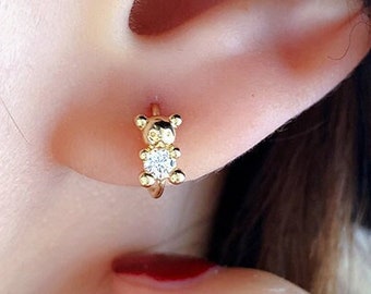 10k Real Gold Bear Hug Earrings, Cute Teddy Bear Earrings, Diamond Huggie Earrings, Upper Ear Cool Cartilage Earrings, Inner Helix Earrings