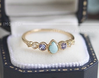 18 Karat Gold Teardrop Larimar Ring, Natural Tanzanite, Moissanite Ring, Light Blue Gemstone, Teardrop Larimar Stone, Custom Birthstone Ring