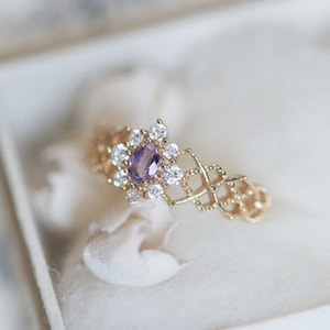 14k Real Gold Lavender Amethyst Promise Ring, Victorian Lace Engagement Ring, Dainty Halo Diamond Ring, Feb Birthstone, Oval Purple Gemstone