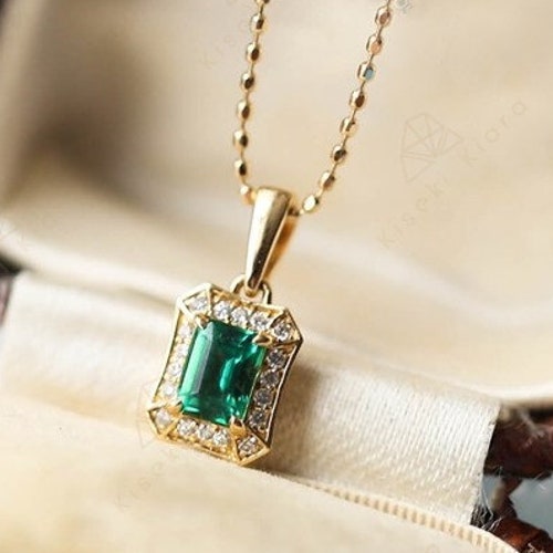 14K Gold Vintage Emerald Pendant Necklace Emerald Cut Natural | Etsy