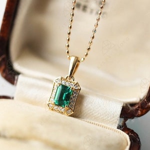 14K Gold Vintage Emerald Pendant Necklace, Emerald Cut Natural Green Emerald Stone, Antique Real Emerald Charm Choker, Edwardian Necklace